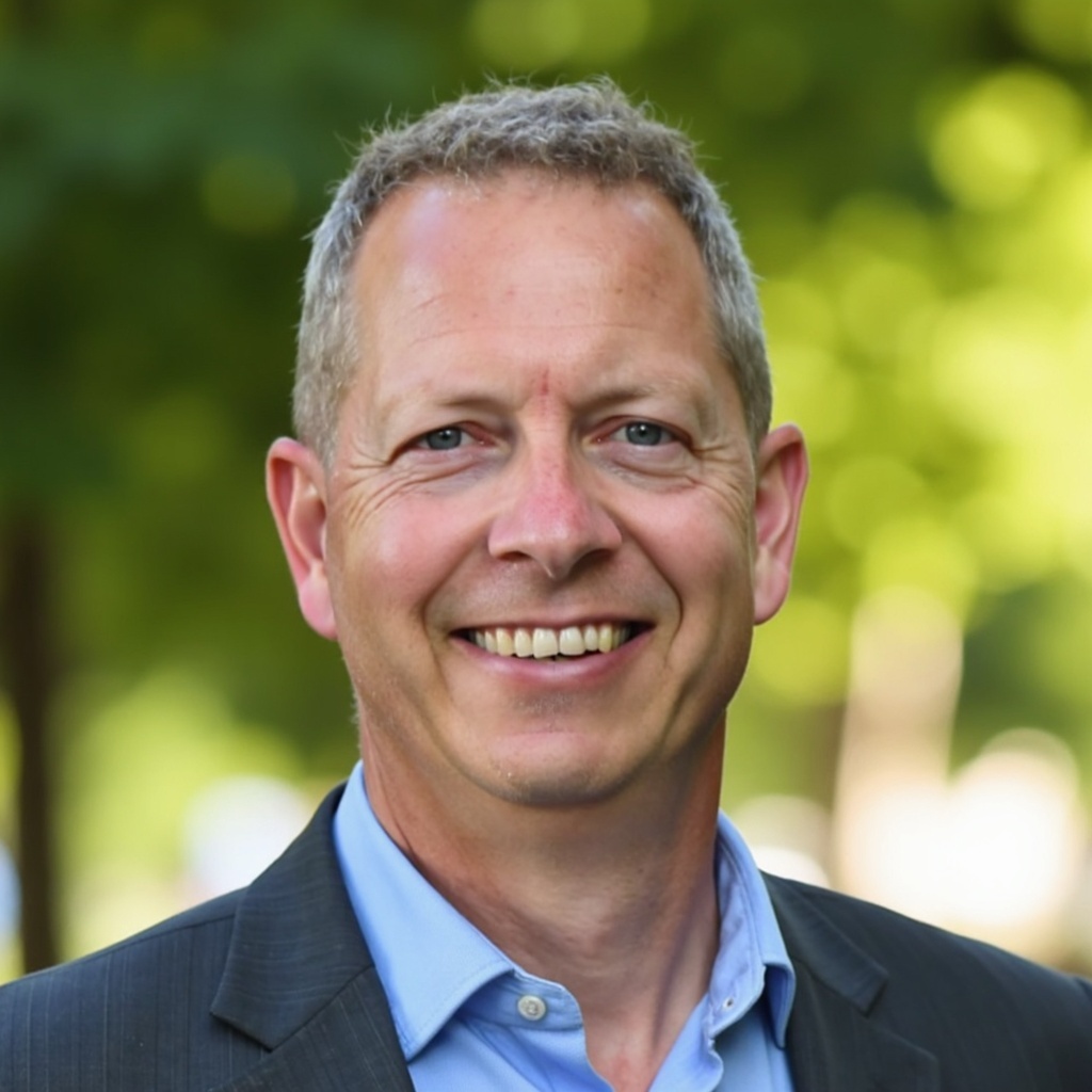 Scott in front of a green tree